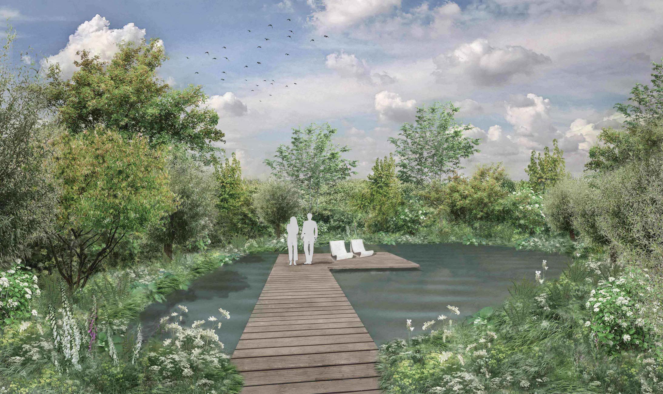 Colm Joseph Gardens - Field Barn Suffolk woodland natural pond willow garden design oak boardwalk