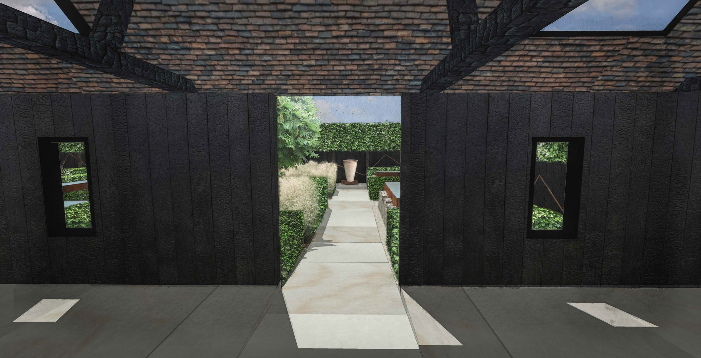 Colm-Joseph-Gardens---Courtyard-gardens-barns-charred-oak-sandstone-paving.