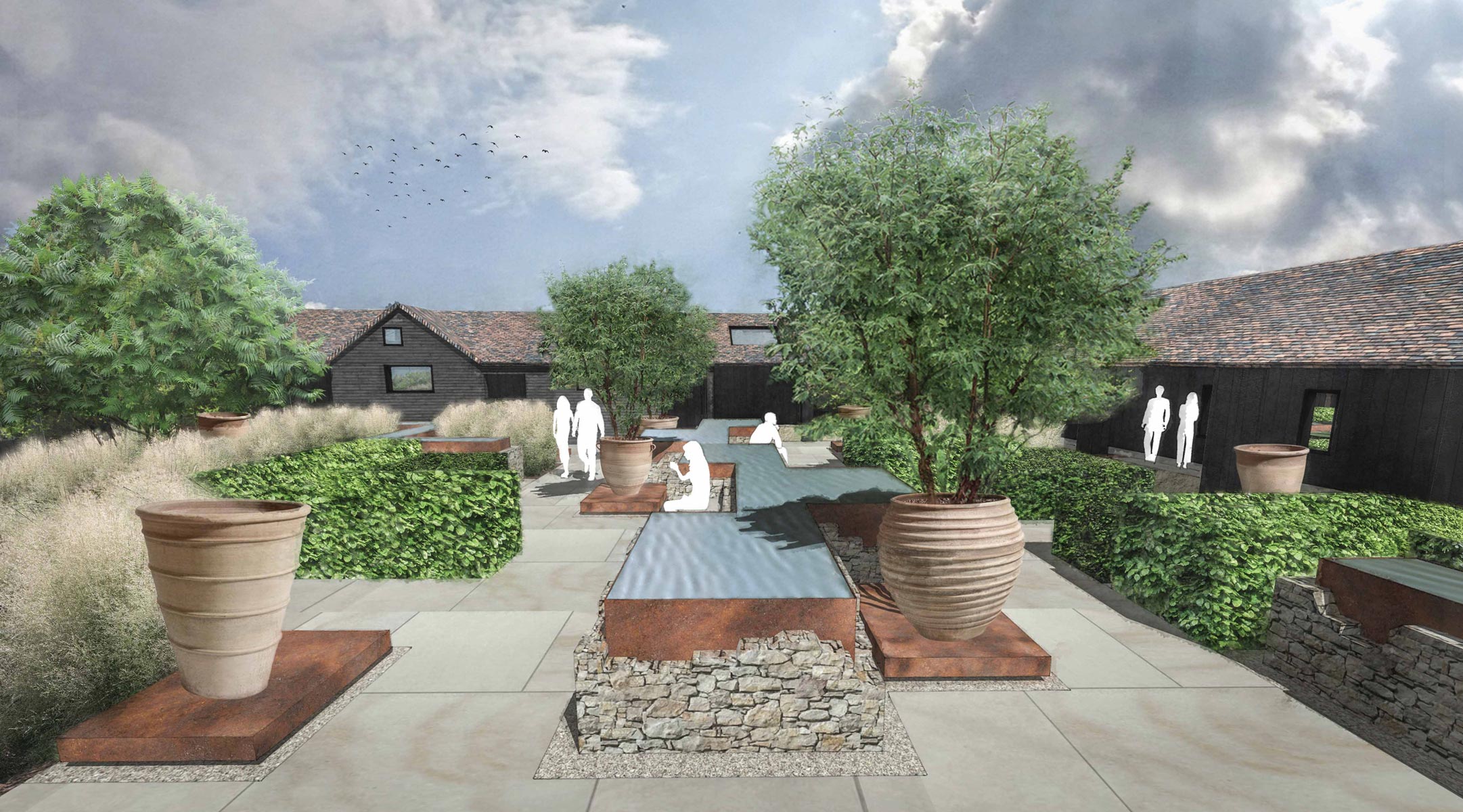 Colm Joseph Gardens - Courtyard gardens bespoke corten steel sandstone water feature modern barns.