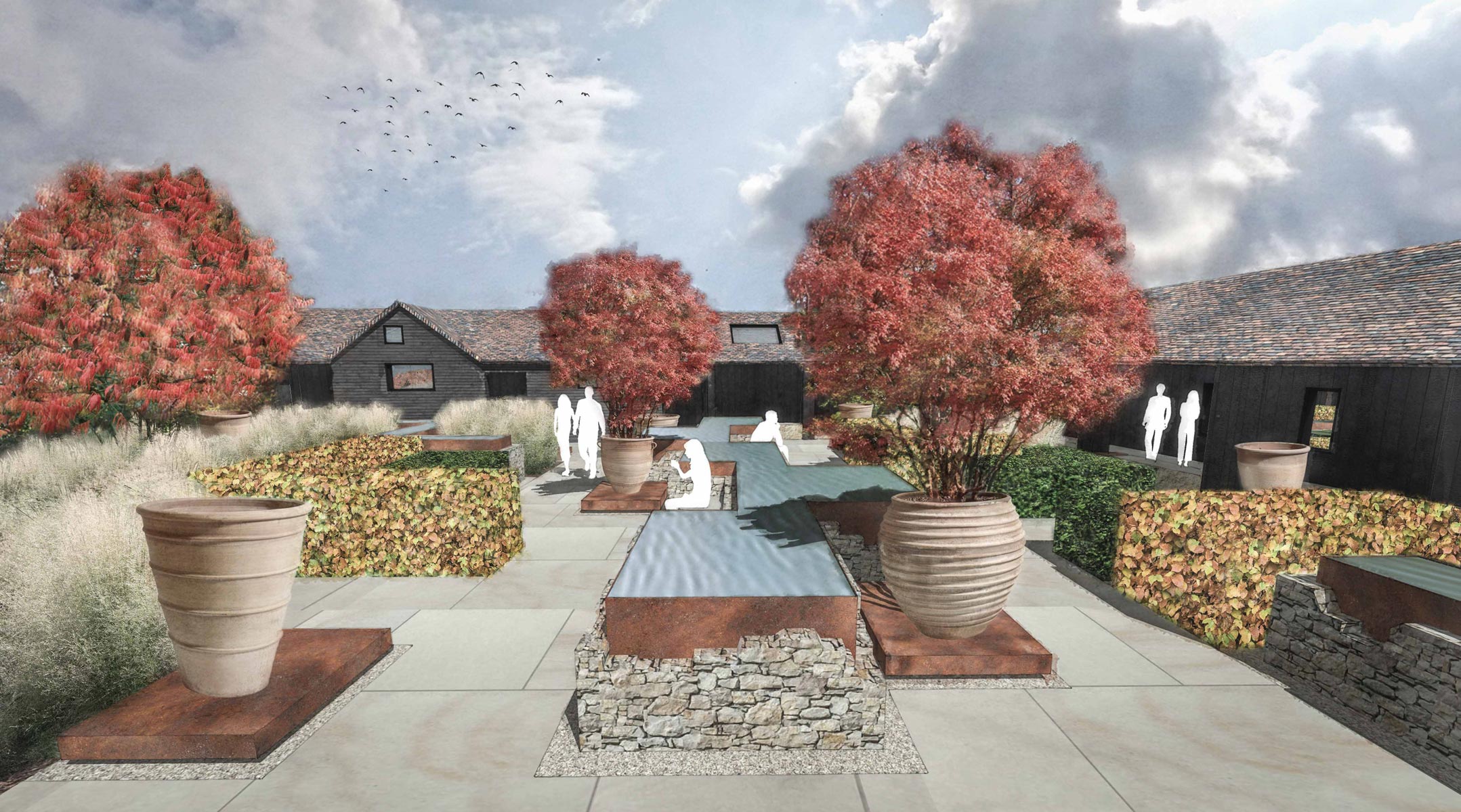 Colm Joseph Gardens - Courtyard gardens corten steel sandstone water feature autumn.