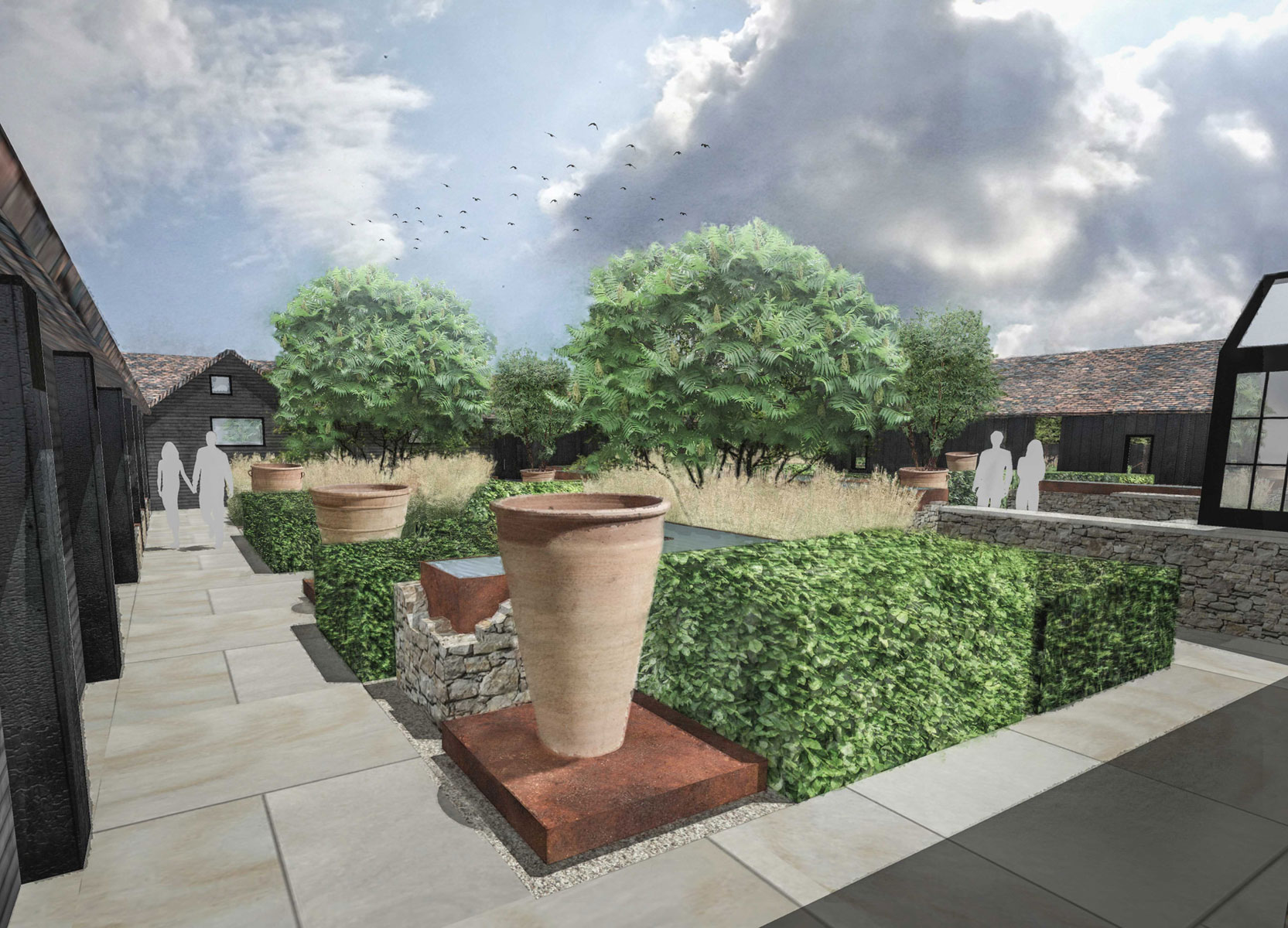 Colm Joseph Gardens - Courtyard gardens multi stem trees ornamental grass hedging