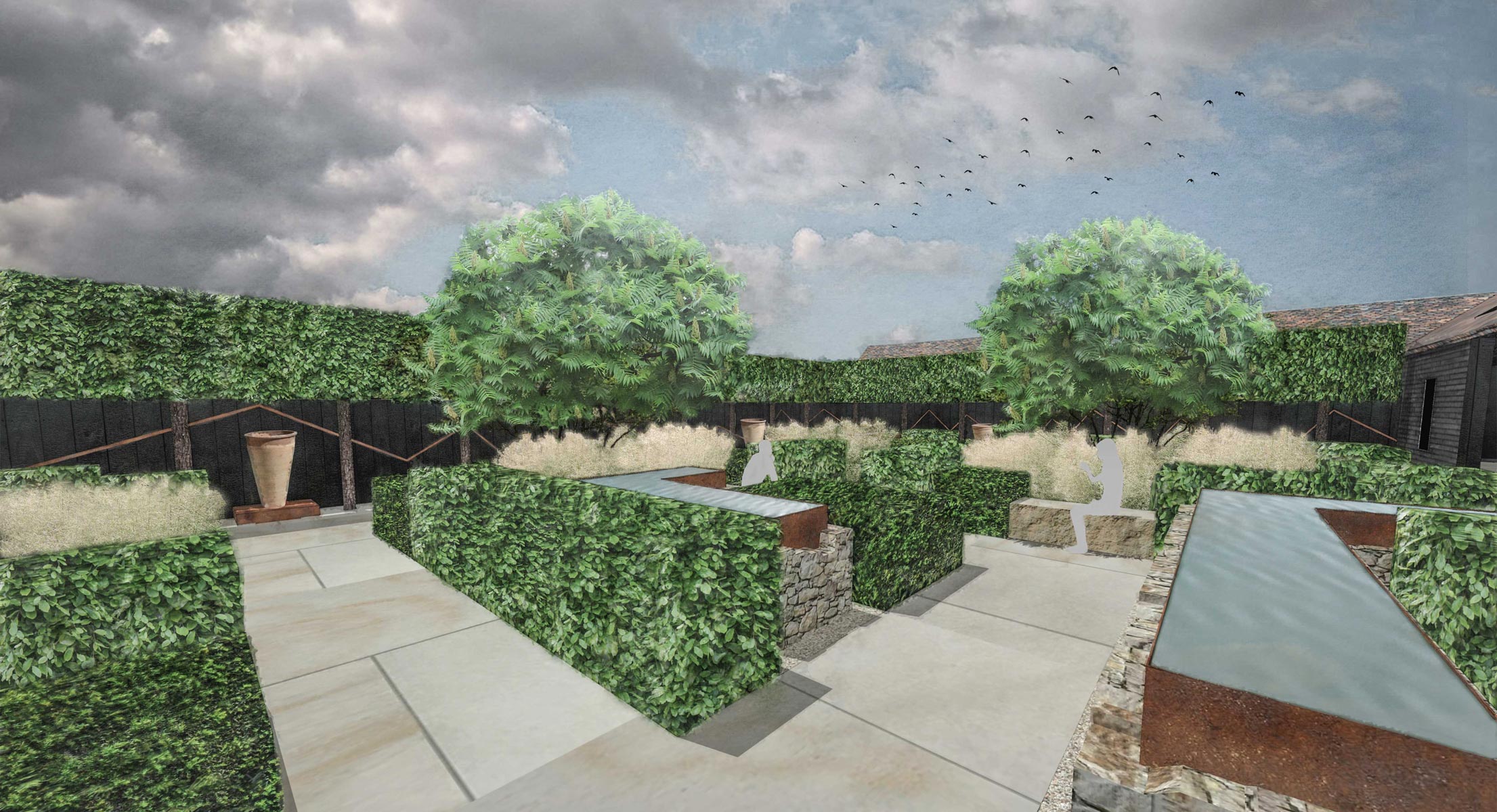 Colm Joseph Gardens - Courtyard gardens sandstone corten water features pleached trees modern design.