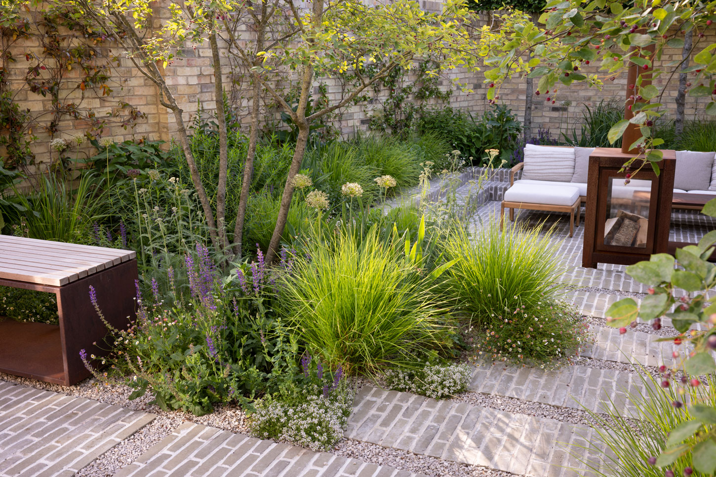 Colm Joseph Cambridge courtyard garden planting design clay pavers multi-stem tree