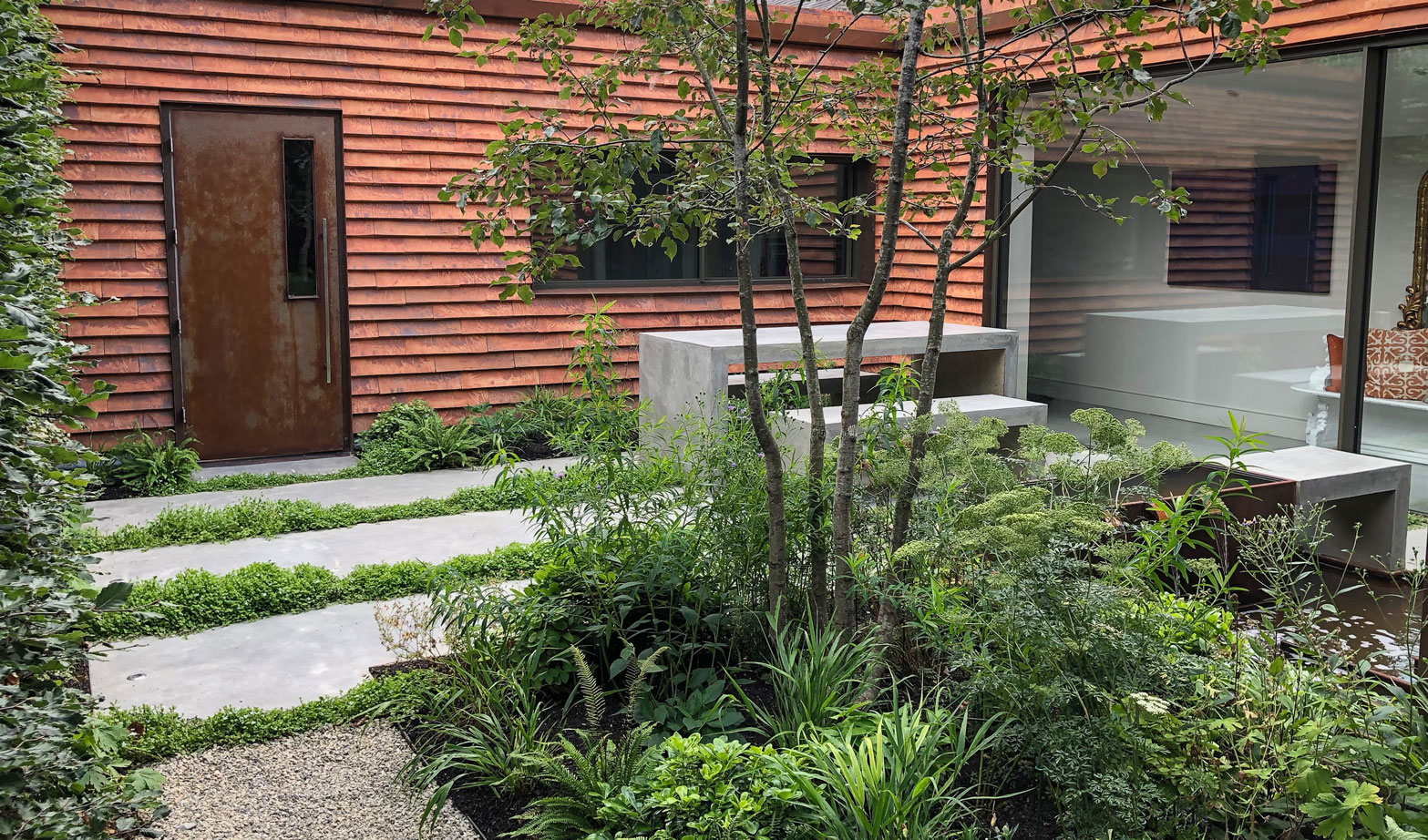 Colm Joseph Cambridge garden designer modern architecture courtyard naturalistic planting multi-stem crab apple tree concrete furniture