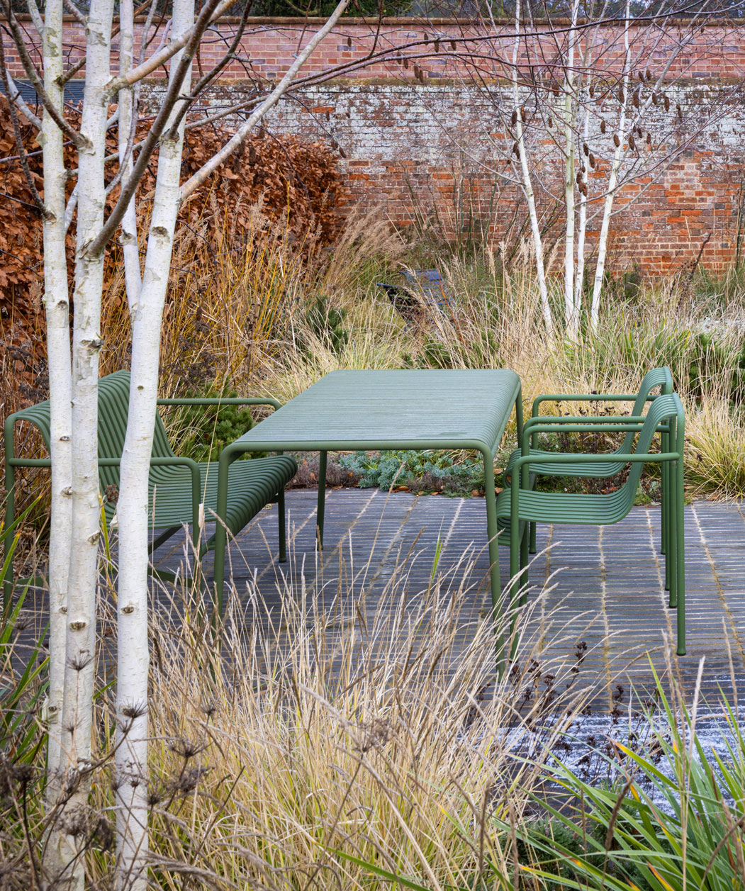 Colm Joseph Suffolk walled garden winter texture colour birch trees multi-stem seating area hay palissade furniture clay pavers old wall